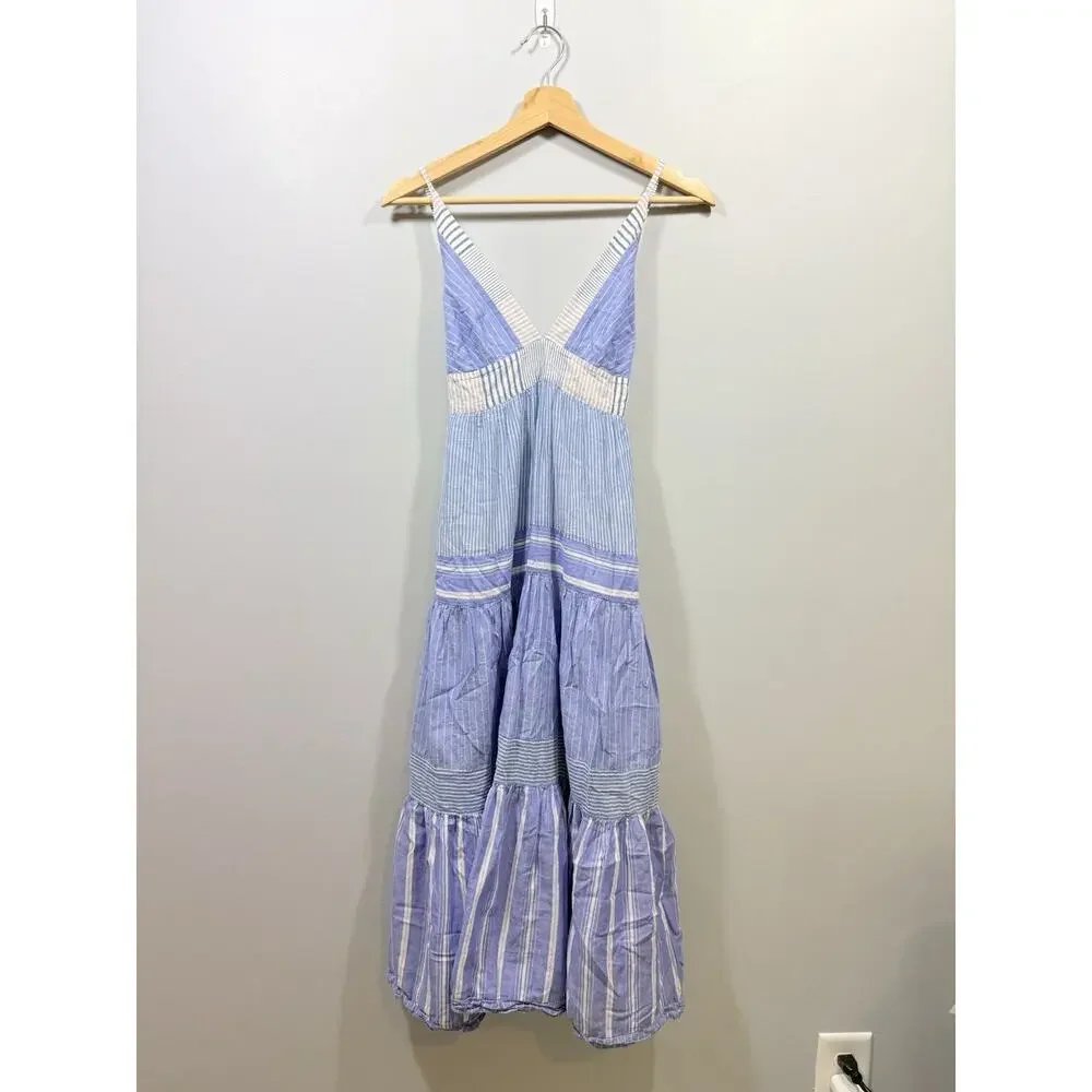 LE SUPERBE Blue White Striped V-Neck Tie Back Strappy Midi Sundress Women’s XS